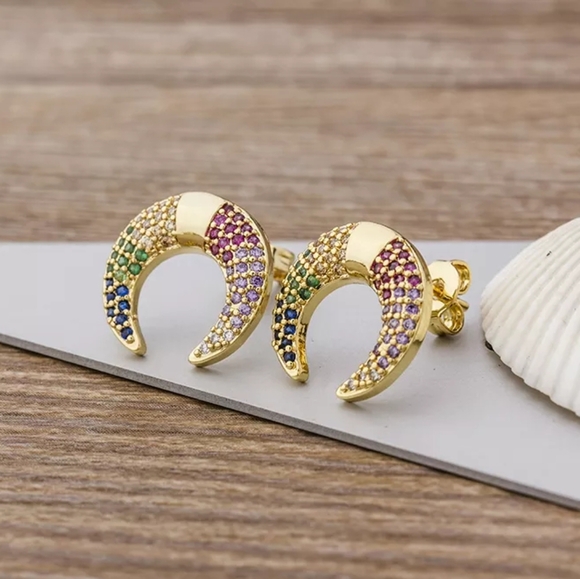 New Gold Pave Moon Stud Earrings with Cubic Zirconia for Women - Picture 1 of 3
